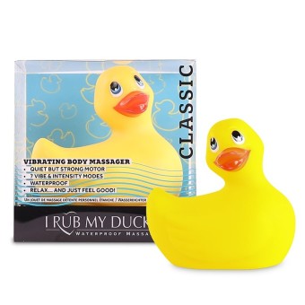 Ich reibe meinen Duckie 2.0 Classic Vibrator von Big Teaze Toys gelbe Verpackung und Produkt